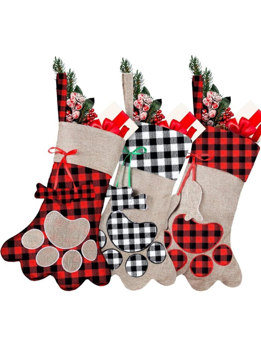 3-Piece Pet Christmas Stockings Set - Paw Print Design for Dogs & Cats, 18''